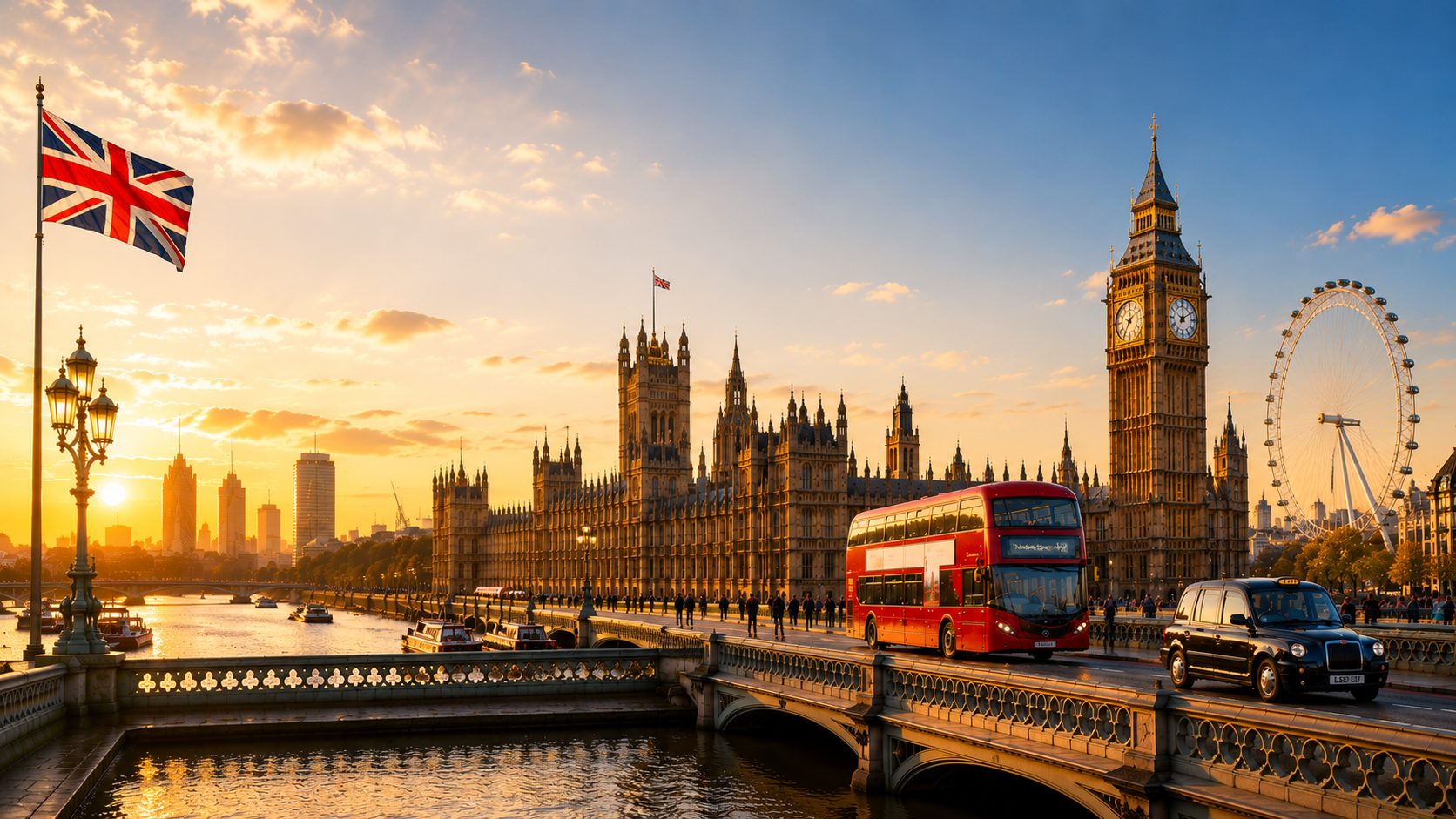 Vista do Big Ben, do Parlamento e do ônibus vermelho de dois andares sobre a Ponte de Westminster, em Londres, ao pôr do sol
