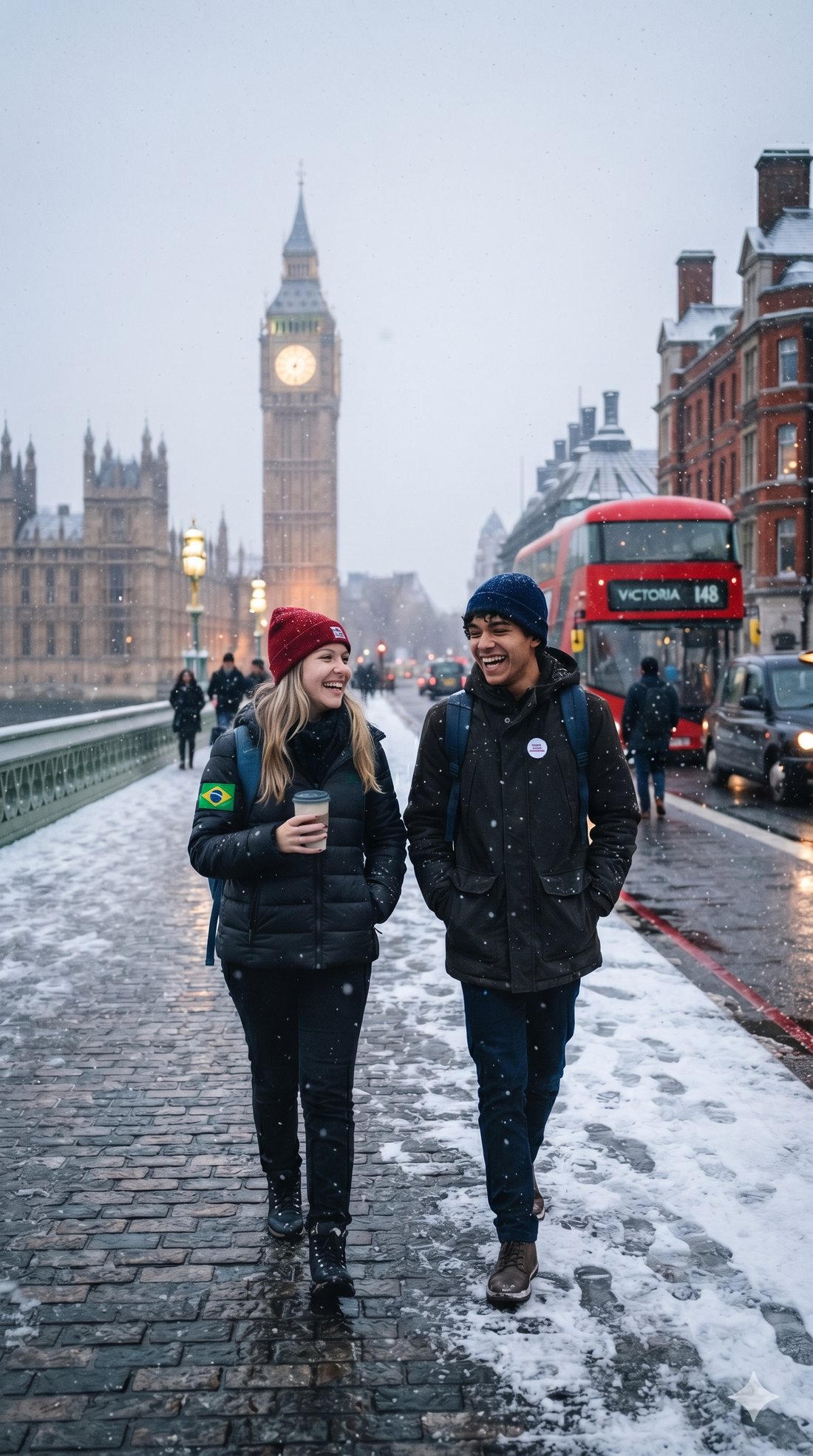 Dois jovens intercambistas brasileiros caminhando na neve sobre a Westminster Bridge, com o Big Ben ao fundo